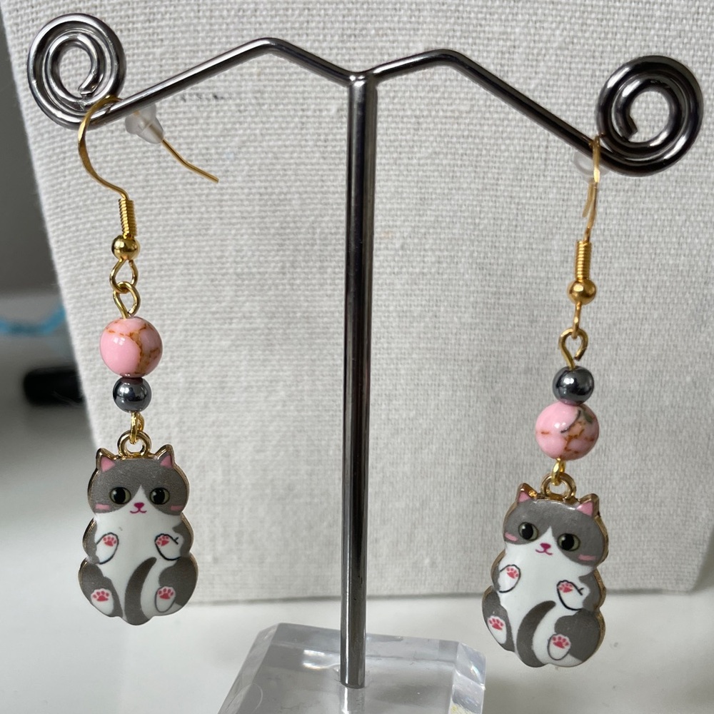 Cat Pendant Earrings with Pink & Gray Stone Beads - Picture 2 of 5